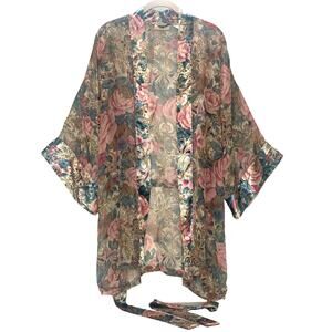 VICTORIA'S SECRET Kimono OS Blue Pink Floral Satin Belt Vintage Gold Label EUC